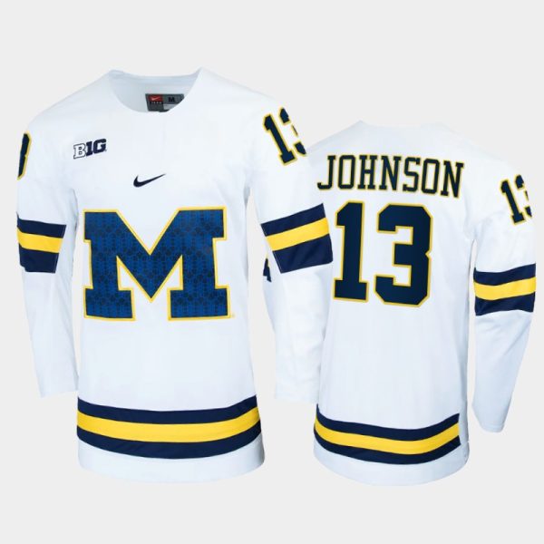 Men Michigan Wolverines Kent Johnson #13 College Hockey White Replica Jersey