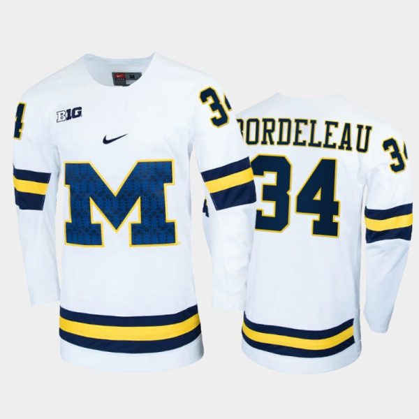 Men Michigan Wolverines Thomas Bordeleau #34 College Hockey White Replica Jersey