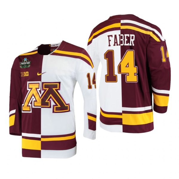 Men Minnesota Golden Gophers Brock Faber #14 2022 Frozen Four White Maroon Split Edition Jersey