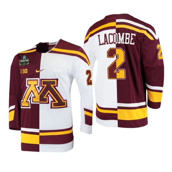 Men Minnesota Golden Gophers Jackson Lacombe #2 2022 Frozen Four White Maroon Split Edition Jersey