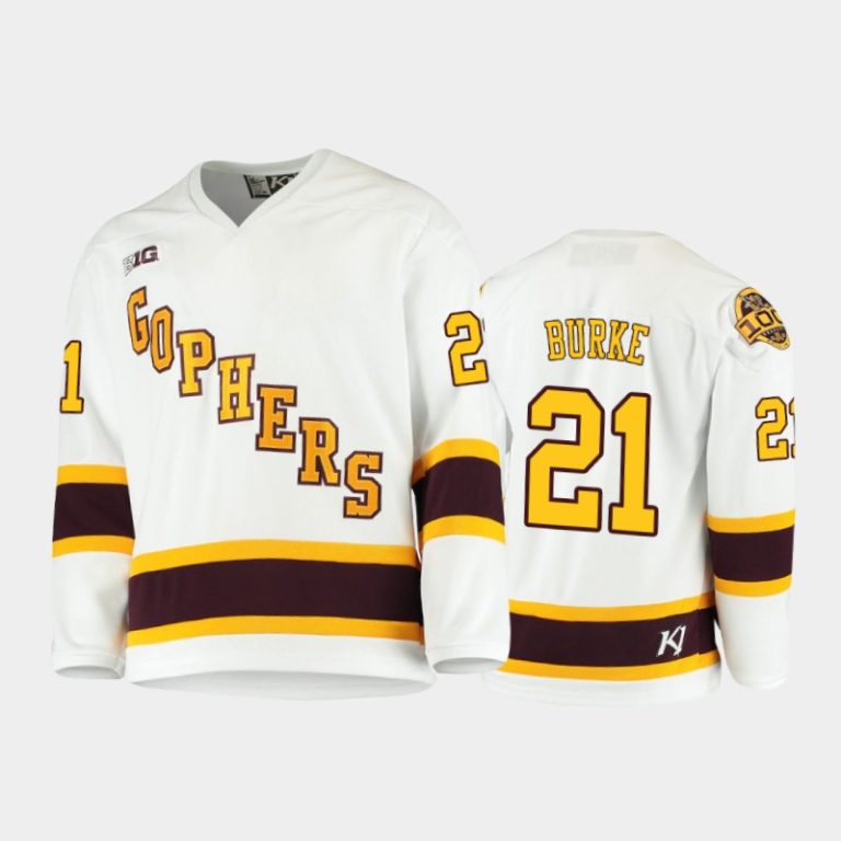 Men Minnesota Golden Gophers Nathan Burke #21 2021 B1G Tournament Championship White Throwback Jersey