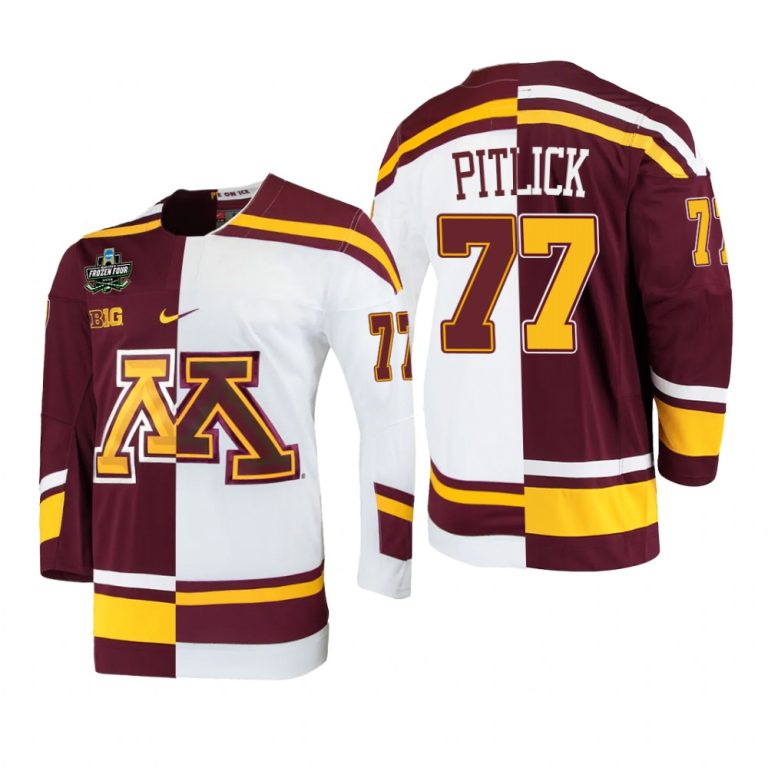 Men Minnesota Golden Gophers Rhett Pitlick #77 2022 Frozen Four White Maroon Split Edition Jersey