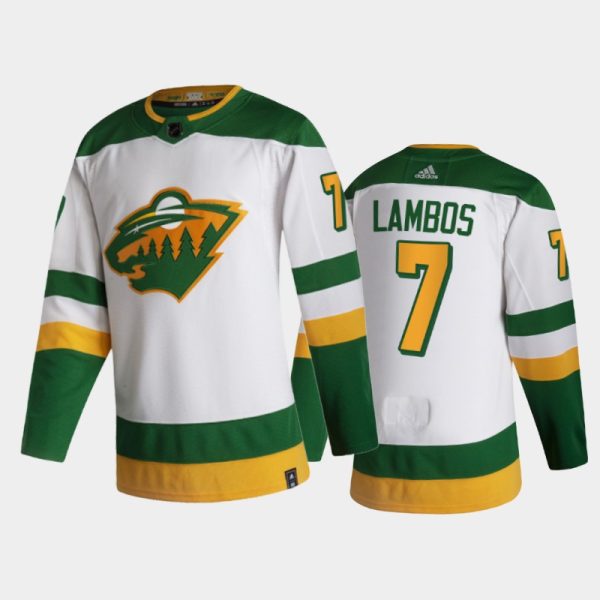 Men Minnesota Wild Carson Lambos #7 2021 Reverse Retro White 2021 NHL Draft Jersey