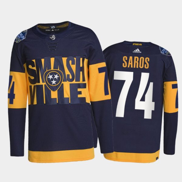 Men Nashville Predators Juuse Saros 2022 Stadium Series Jersey #74 Navy Primegreen Uniform