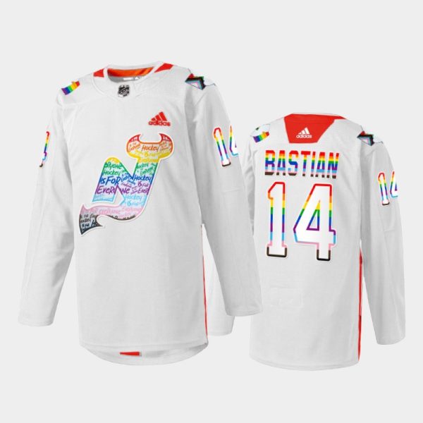 Men Nathan Bastian New Jersey Devils LGBTQ Pride Night 2022 Jersey White #14 Warmup