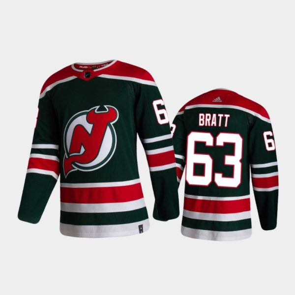 Men New Jersey Devils Jesper Bratt #63 Reverse Retro 2020-21 Green Jersey