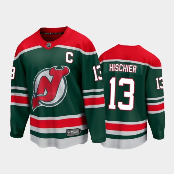 Men New Jersey Devils Nico Hischier #13 Special Edition Green 2021 Jersey