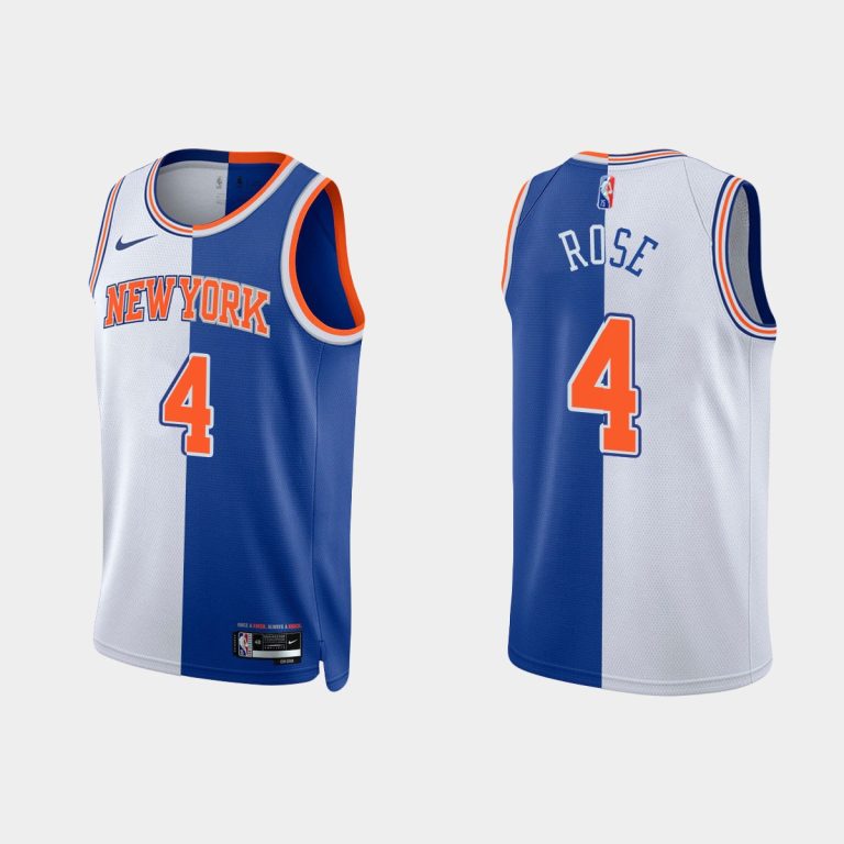 Men New York Knicks 2021-22 NBA 75th #4 Derrick Rose Split Edition Royal White Jersey