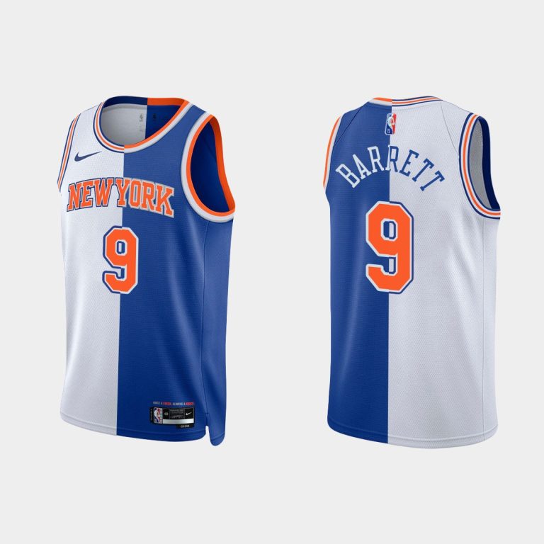 Men New York Knicks 2021-22 NBA 75th #9 RJ Barrett Split Edition Royal White Jersey