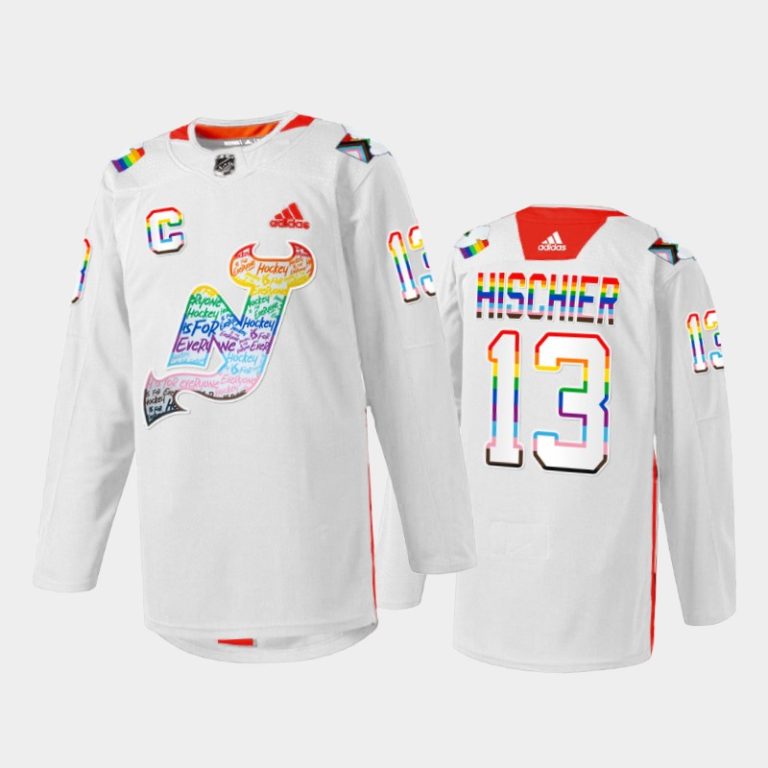 Men Nico Hischier New Jersey Devils LGBTQ Pride Night 2022 Jersey White #13 Warmup