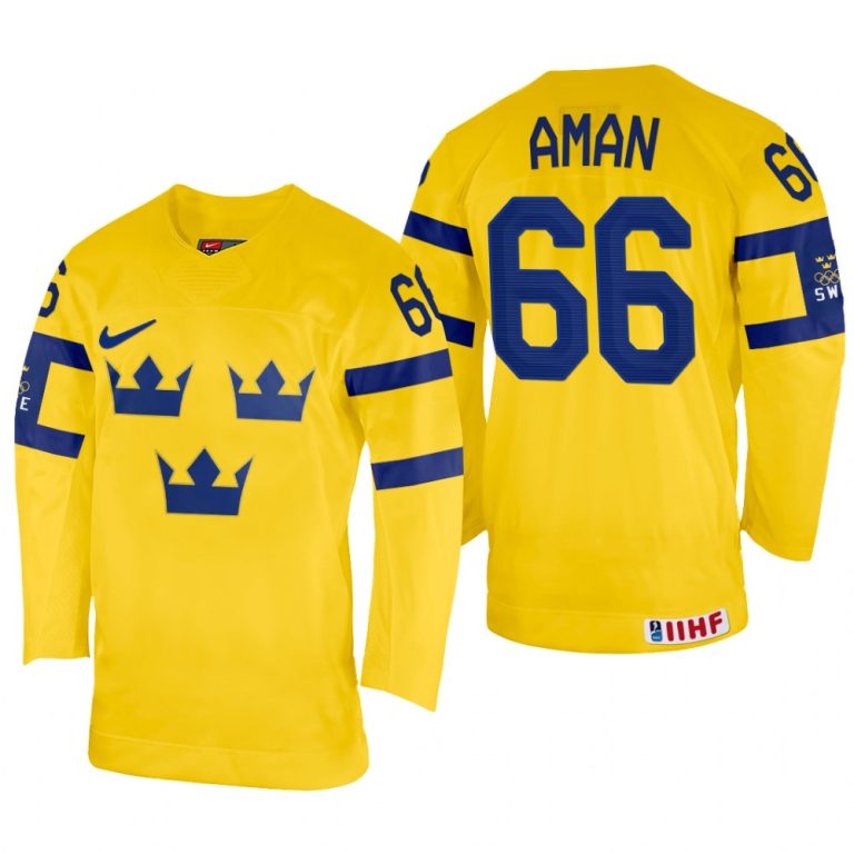 Men Nils Aman Sweden Hockey Yellow Home Jersey 2022 IIHF World Championship