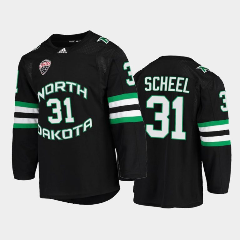 Men North Dakota Fighting Hawks Adam Scheel #31 College Hockey Black Alumni Jersey