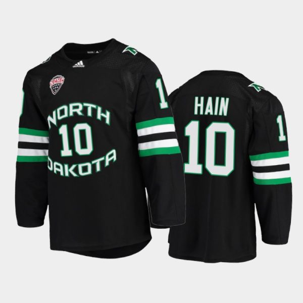 Men North Dakota Fighting Hawks Gavin Hain #10 College Hockey Black NCHC Jersey 2022