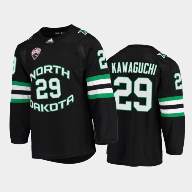 Men North Dakota Fighting Hawks Jordan Kawaguchi #29 College Hockey Black Alumni Jersey