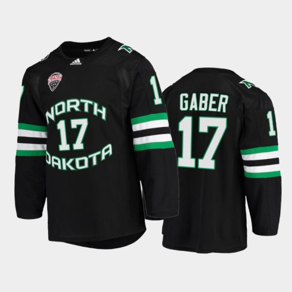 Men North Dakota Fighting Hawks Riese Gaber #17 College Hockey Black NCHC Jersey 2022