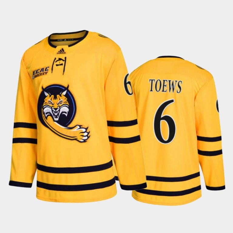 Men Quinnipiac Bobcats Devon Toews #6 College Hockey Gold Alumni Jersey