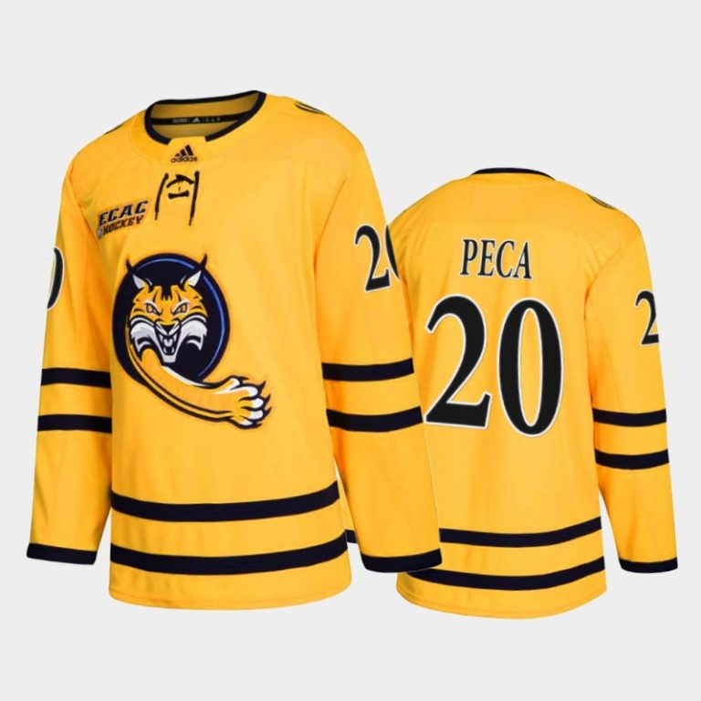 Men Quinnipiac Bobcats Matthew Peca #20 College Hockey Gold Alumni Jersey