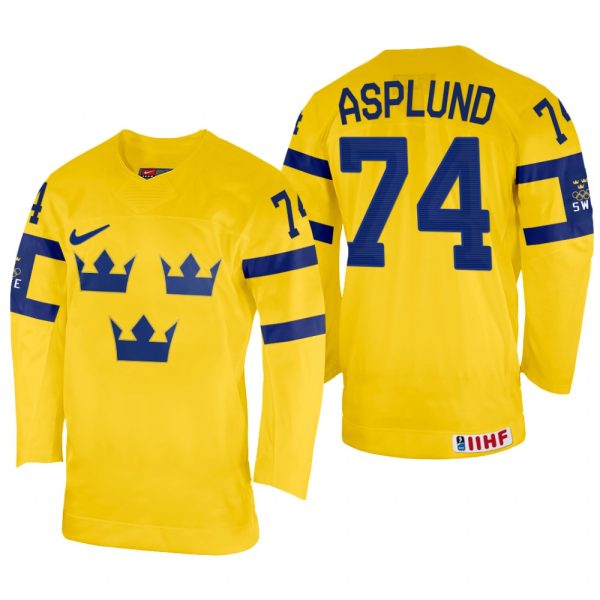 Men Rasmus Asplund Sweden Hockey Yellow Home Jersey 2022 IIHF World Championship