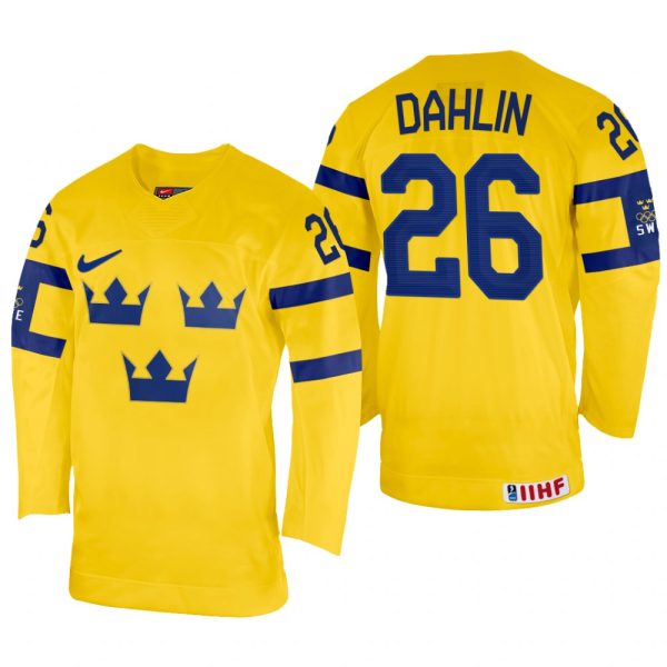 Men Rasmus Dahlin Sweden Hockey Yellow Home Jersey 2022 IIHF World Championship