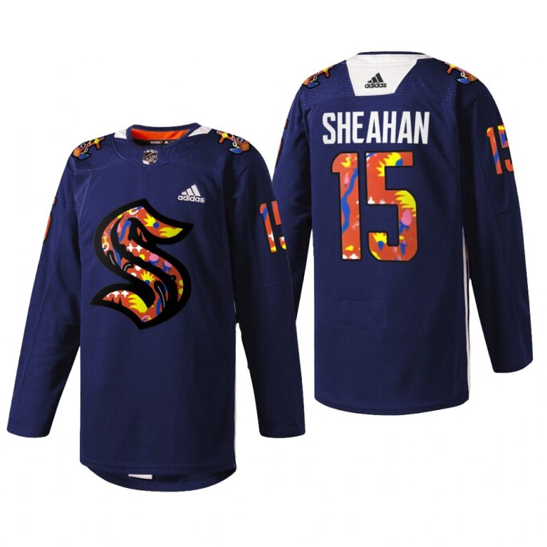 Men Riley Sheahan Seattle Kraken of Hockey Jersey Navy #15 Stevie Artwork Warmup