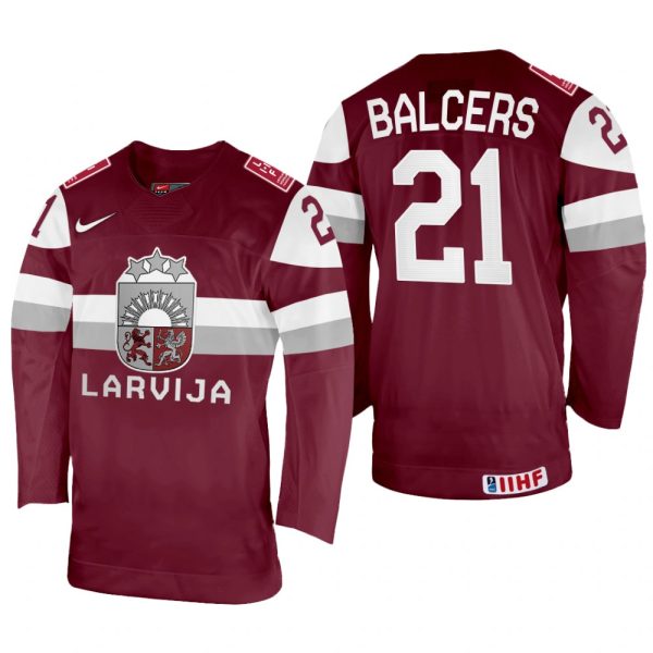 Men Rudolfs Balcers Latvia Hockey Maroon Away Jersey 2022 IIHF World Championship