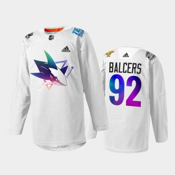 Men Rudolfs Balcers San Jose Sharks Pride Night 2022 Jersey White #92 HockeyIsForEveryone