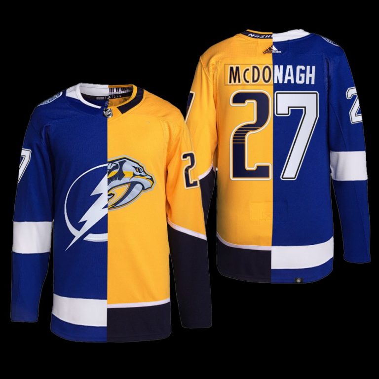 Men Ryan McDonagh #27 Lightning x Predators Split Edition Blue Gold Rare Jersey