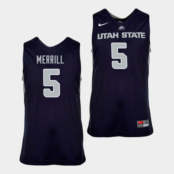 Men Sam Merrill Utah State Aggies #5 Navy Blue Replica College Basketball Jersey