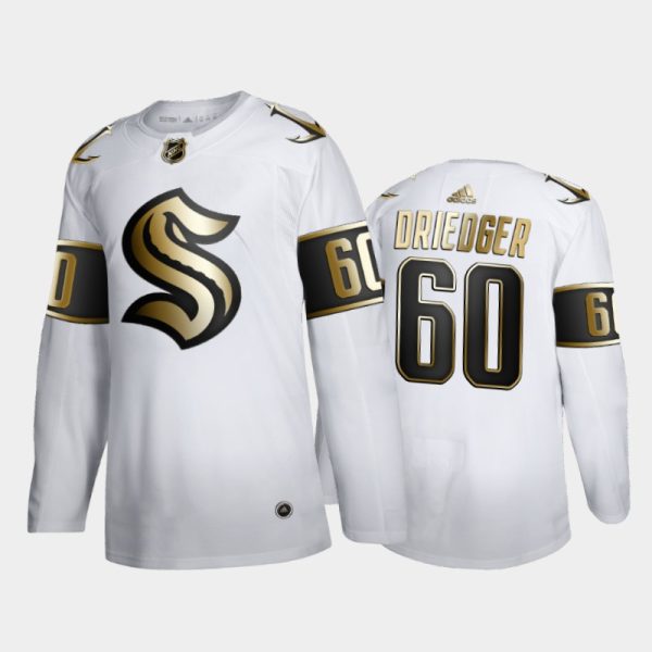 Men Seattle Kraken Chris Driedger #60 2021 Expansion Draft Golden Edition White Jersey