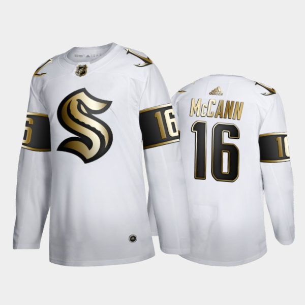 Men Seattle Kraken Jared McCann #16 2021 Expansion Draft Golden Edition White Jersey