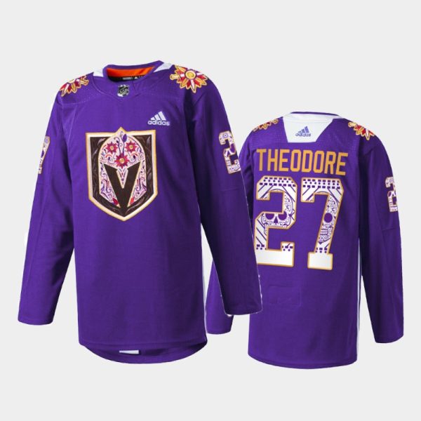 Men Shea Theodore Vegas Golden Knights Hispanic Heritage 2021 Jersey Purple #27 Warmup