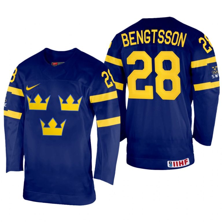 Men Sweden Hockey Anton Bengtsson 2022 IIHF World Championship Navy #28 Jersey Away