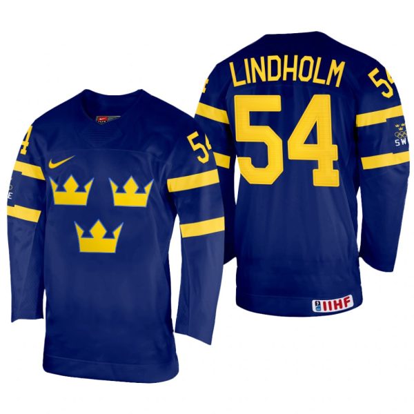 Men Sweden Hockey Anton Lindholm 2022 IIHF World Championship Navy #54 Jersey Away