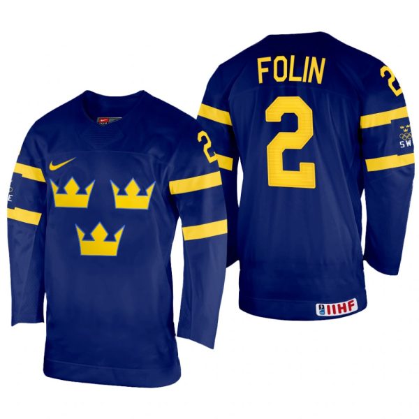 Men Sweden Hockey Christian Folin 2022 IIHF World Championship Navy #2 Jersey Away