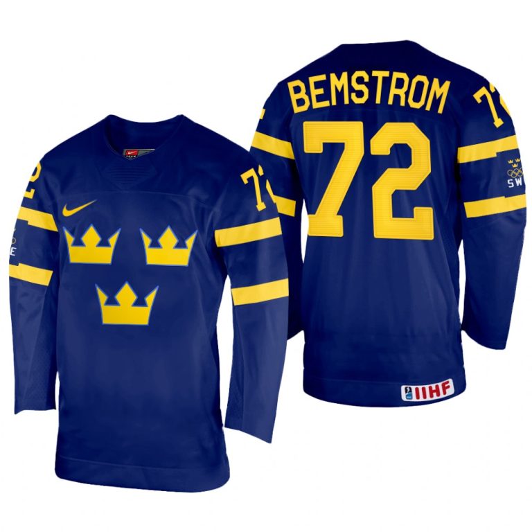 Men Sweden Hockey Emil Bemstrom 2022 IIHF World Championship Navy #72 Jersey Away