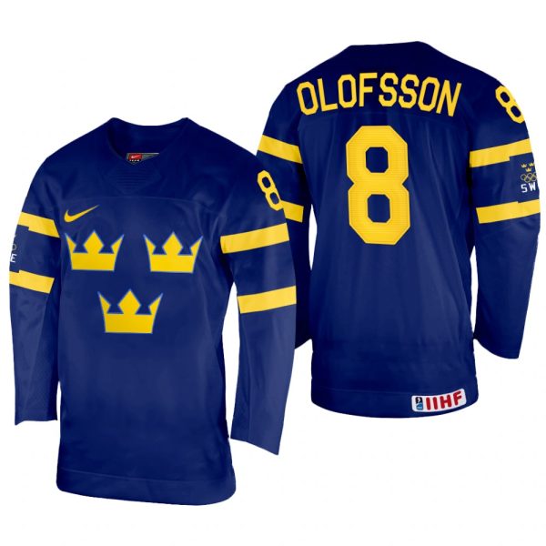 Men Sweden Hockey Fredrik Olofsson 2022 IIHF World Championship Navy #8 Jersey Away