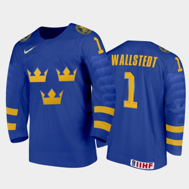 Men Sweden Hockey Jesper Wallstedt 2022 IIHF World Junior Championship Blue #1 Jersey Away