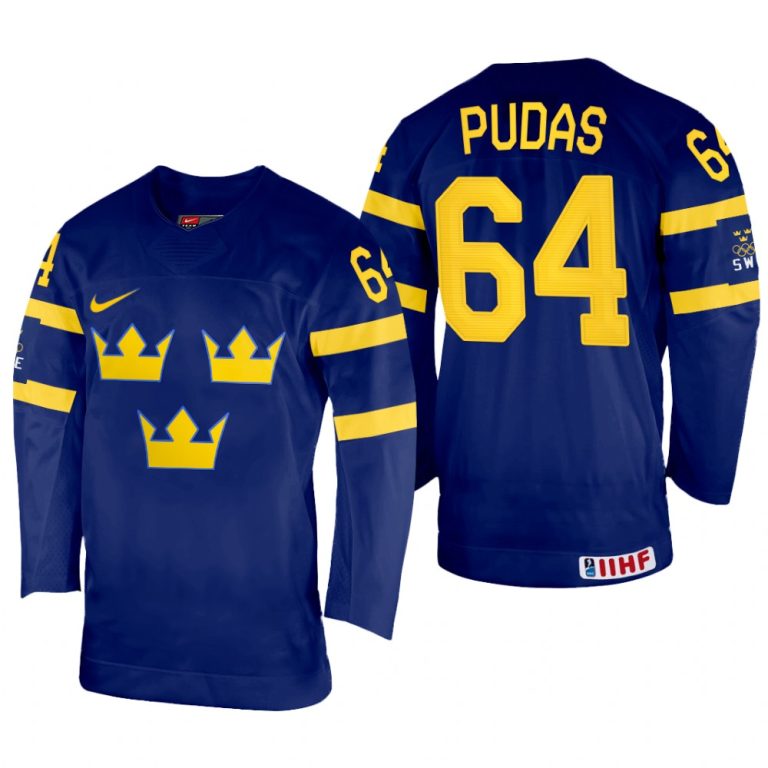 Men Sweden Hockey Jonathan Pudas 2022 IIHF World Championship Navy #64 Jersey Away