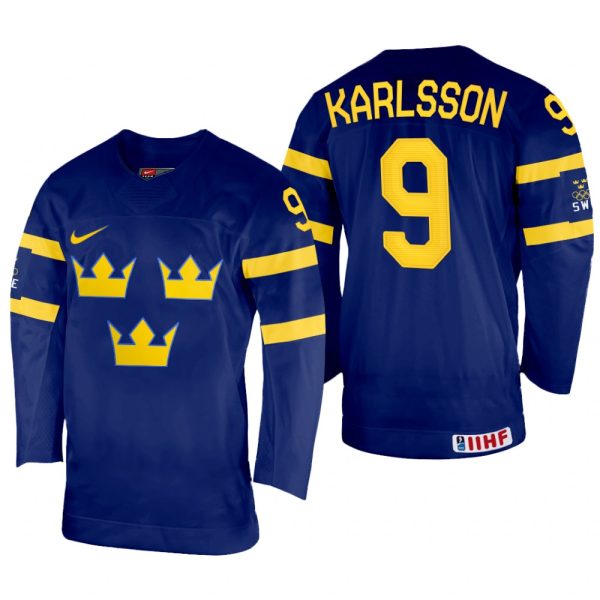 Men Sweden Hockey Linus Karlsson 2022 IIHF World Championship Navy #9 Jersey Away