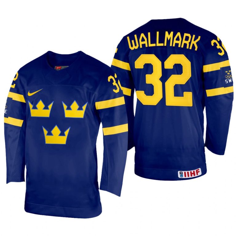 Men Sweden Hockey Lucas Wallmark 2022 IIHF World Championship Navy #32 Jersey Away