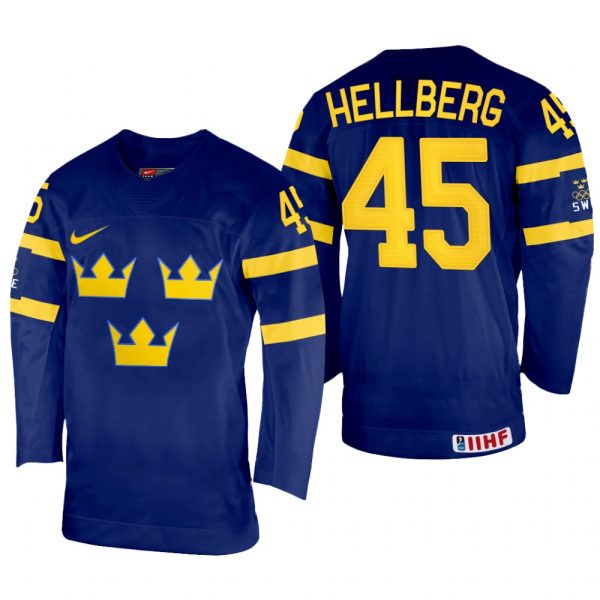 Men Sweden Hockey Magnus Hellberg 2022 IIHF World Championship Navy #45 Jersey Away