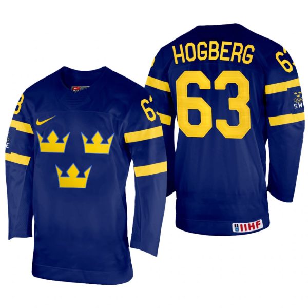 Men Sweden Hockey Marcus Hogberg 2022 IIHF World Championship Navy #63 Jersey Away