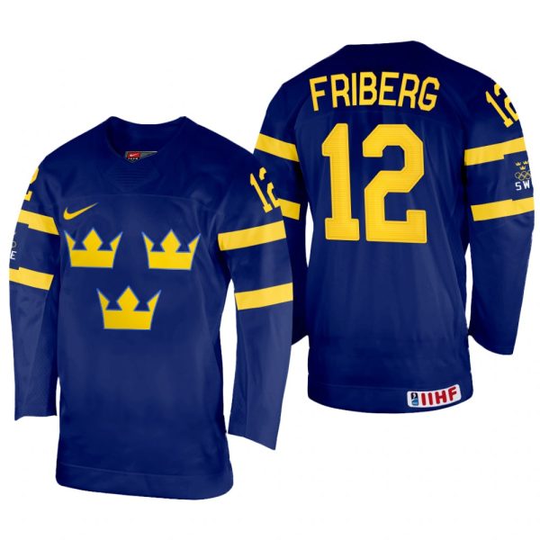 Men Sweden Hockey Max Friberg 2022 IIHF World Championship Navy #12 Jersey Away