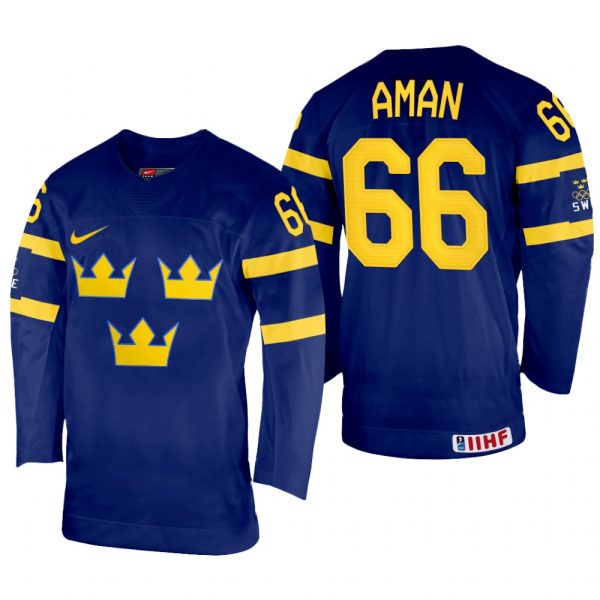 Men Sweden Hockey Nils Aman 2022 IIHF World Championship Navy #66 Jersey Away