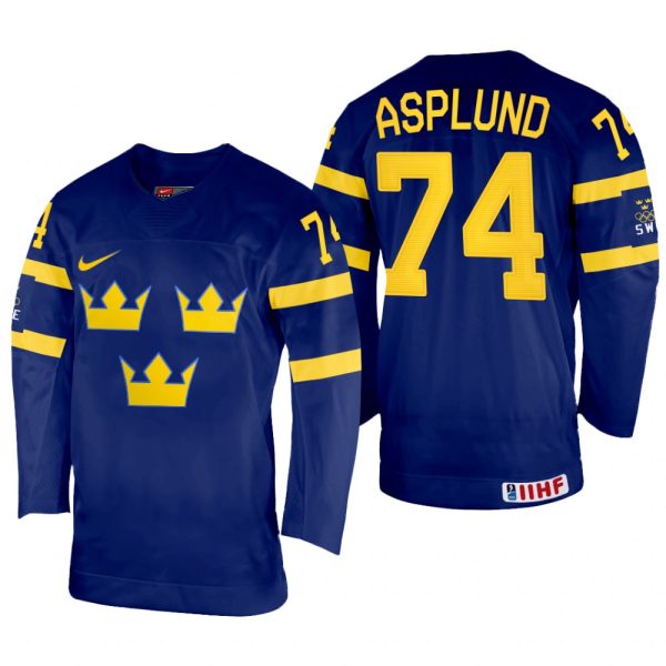 Men Sweden Hockey Rasmus Asplund 2022 IIHF World Championship Navy #74 Jersey Away