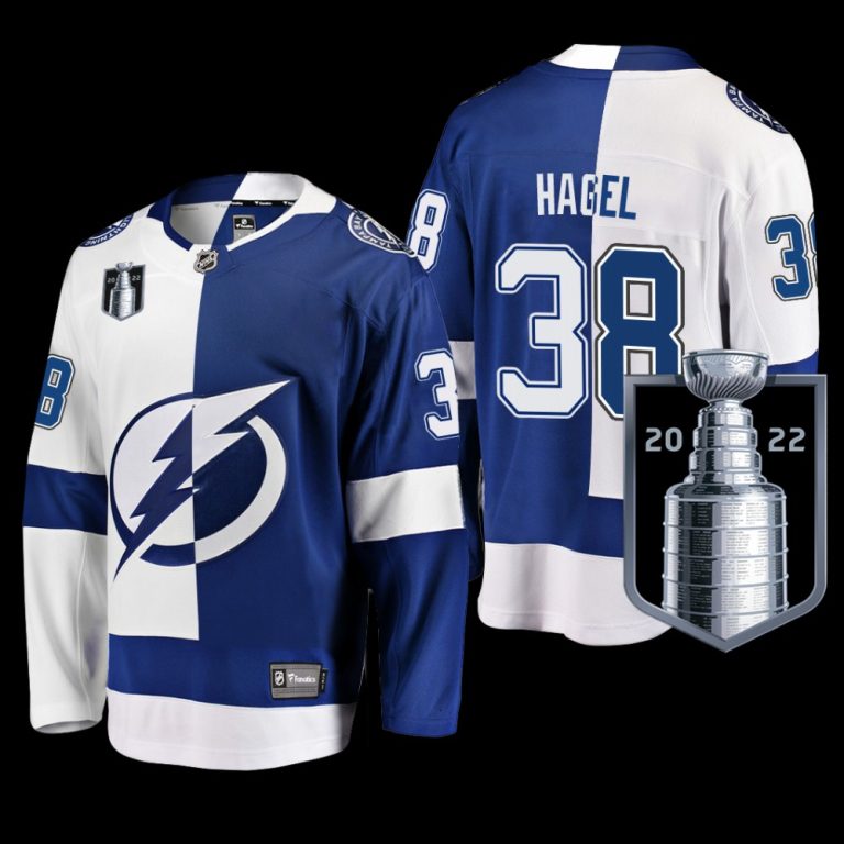 Men Tampa Bay Lightning #38 Brandon Hagel Blue White 2022 Eastern Conference Champs Split Jersey