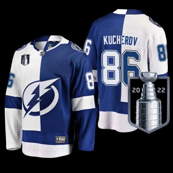 Men Tampa Bay Lightning #86 Nikita Kucherov Blue White 2022 Eastern Conference Champs Split Jersey