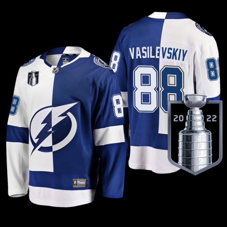 Men Tampa Bay Lightning #88 Andrei Vasilevskiy Blue White 2022 Eastern Conference Champs Split Jersey