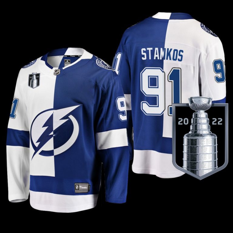 Men Tampa Bay Lightning #91 Steven Stamkos Blue White 2022 Eastern Conference Champs Split Jersey