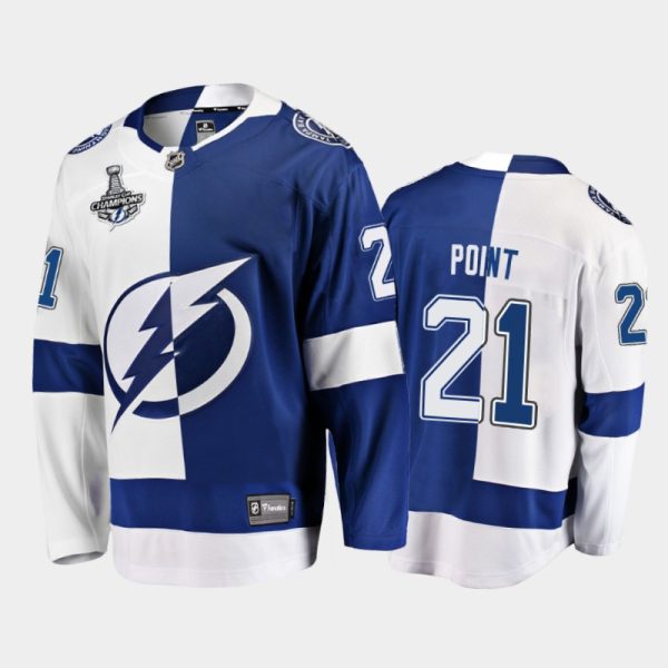 Men Tampa Bay Lightning Brayden Point #21 2020 Stanley Cup Champions White Blue Split Jersey